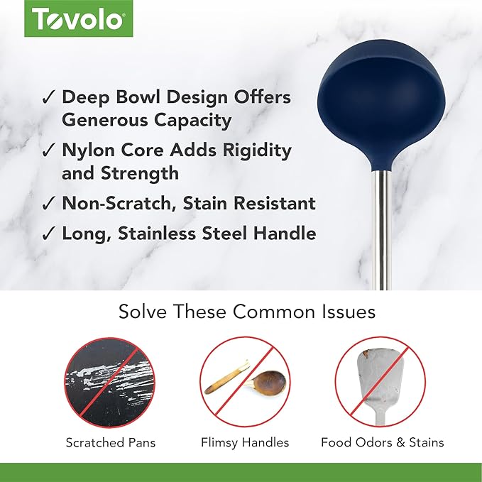 Tovolo Silicone Ladle With Stainless Steel Handle Deep Soup Ladle for Cooking Canning Serving Soup Punch Stew Sauce, Large Kitchen Utensil Spoon Dishwasher Safe BPA Free Silicone Deep Indigo - Image 3