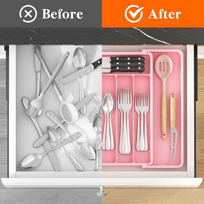 Lifewit Silverware Drawer Organizer, Expandable Utensil Tray for Kitchen, BPA Free Flatware and Cutlery Holder, Adjustable Plastic Storage for Spoons Forks Knives, 10.9"-17.5" x 13.7", Pink - Image 5