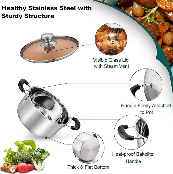 TeamFar 3 Quart Stock Pot, Stainless Steel Stock Pasta Soup Pot with Lid, Tempered Glass Lid & Double Heat-Proof Handles, Non-Toxic & Healthy, Heavy Duty & Dishwasher Safe - Image 3