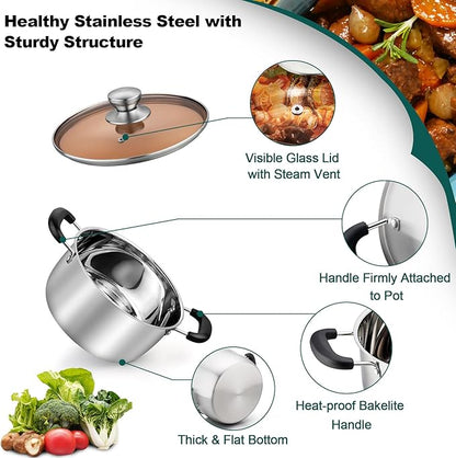 TeamFar 3 Quart Stock Pot, Stainless Steel Stock Pasta Soup Pot with Lid, Tempered Glass Lid & Double Heat-Proof Handles, Non-Toxic & Healthy, Heavy Duty & Dishwasher Safe - Image 3