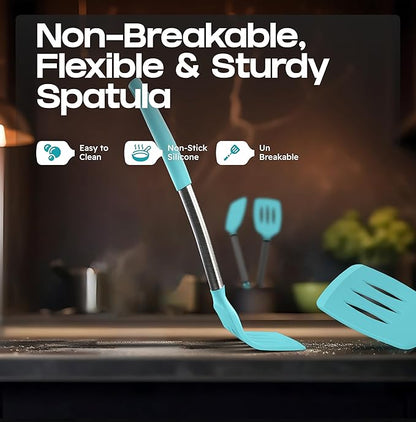 BakeRoyal Silicone Spatula Set - Turner Spatulas Silicone Heat Resistant 600°F - Slotted & Solid Spatula for Cooking Fish, Eggs, Pancakes Flipper – Spatulas for kitchen use – Aqua - Image 6
