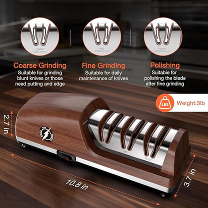Replaceable Sharpener Electric Knife Sharpener, 3-Stage with 100% Diamond Abrasives & Precision Angle Guides, Kitchen Knife Sharpener with Sharpening and Polishing Function (Dark oak wood grain) - Image 5