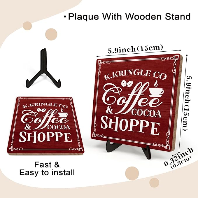 Kringle Coffee & Cocoa Shoppe Sign – 5.9 x 5.9 Inch Wooden Christmas Decor Plaque with Stand, Vintage Holiday Coffee Bar Sign for Kitchen, Cocoa Station, Hot Drink Corner (Red) - Image 2