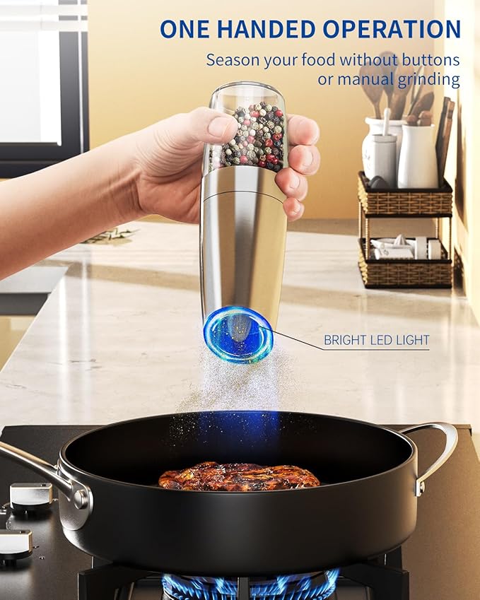 CIRCLE JOY Gravity Electric Salt and Pepper Grinder Set Stainless Steel Automatic Salt and Pepper Grinder Set, Battery Operated, LED Light, Adjustable Coarseness, for Home Kitchen BBQ, Silver - Image 4