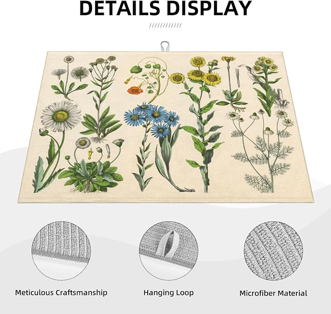 Plants Herbs Floral Dish Drying Mat XL Microfiber Kitchen Drying Mat Large Dish Drying Mats for Kitchen Counter Absorbent Quick Drying Pad 18x24 Inch
