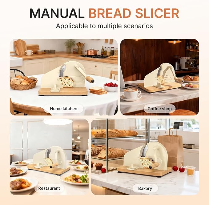 Manual Bread Slicer for Homemade Sourdough-Adjustable Thickness Bread Slicer with Hand Crank Metal Guide,Scale Line,Suction Cup,Solid Wood Base,Stainless Steel Blade for Perfect Even Slices