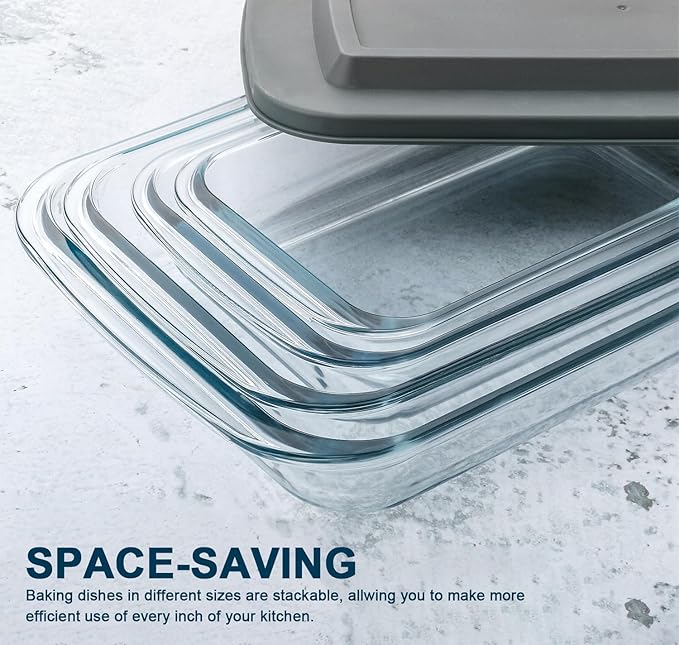 8-Piece Deep Glass Baking Dish Set with Plastic lids,Rectangular Glass Bakeware Set with Lids, Baking Pans for Lasagna, Leftovers, Cooking, Kitchen, Freezer-to-Oven and Dishwasher, Gray - Image 3