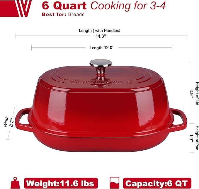 VORRINGARD Enameled Cast Iron Dutch Oven Pot with Dome Lid, Oval Bread Oven for Homemade Sourdough Bread Baking, Oven Safe up to 500°F, 6 Quart, Red