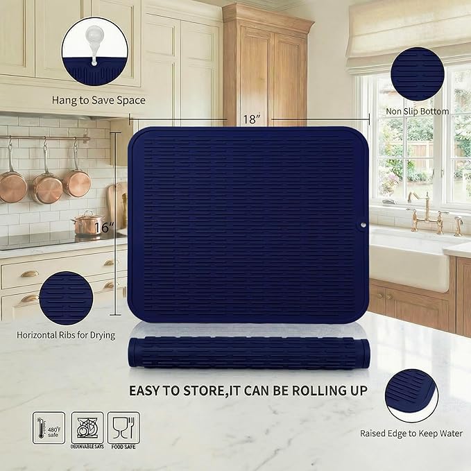MicoYang Silicone Dish Drying Mat for Multiple Usage,Easy clean,Eco-friendly,Heat-resistant Silicone Mat for Kitchen Counter or Sink,Refrigerator or Drawer Liner Navy Blue XL 18 inches x 16 inches - Image 2