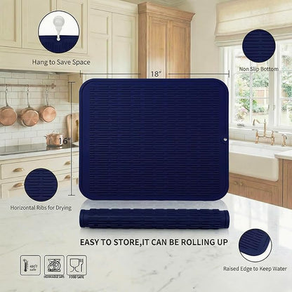 MicoYang Silicone Dish Drying Mat for Multiple Usage,Easy clean,Eco-friendly,Heat-resistant Silicone Mat for Kitchen Counter or Sink,Refrigerator or Drawer Liner Navy Blue XL 18 inches x 16 inches - Image 2