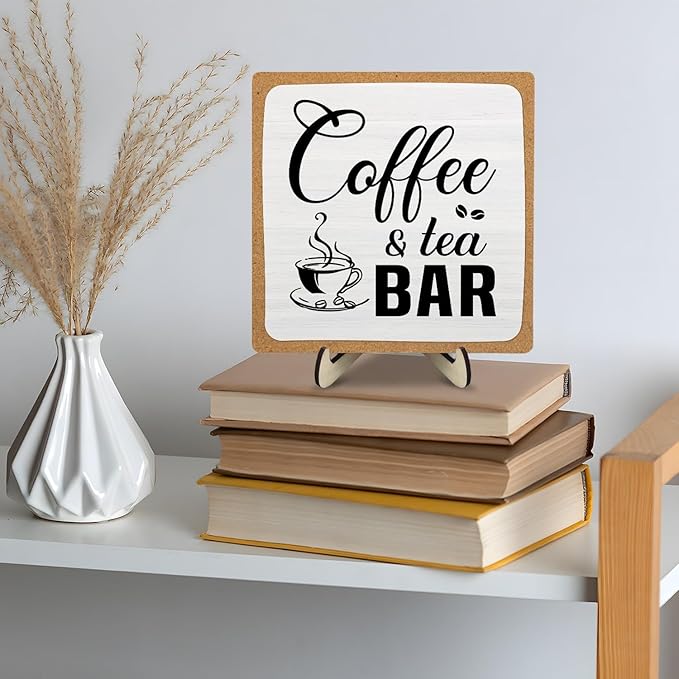 Rustic Coffee & Tea Bar Decor Sign,Funny Wooden Plaque for Cafe Bar,Coffee Station,or Shelf, Farmhouse Kitchen Cafe & Tea Accessories for Home or Office 5.9 x 5.9Inch(White+Brown04) - Image 8