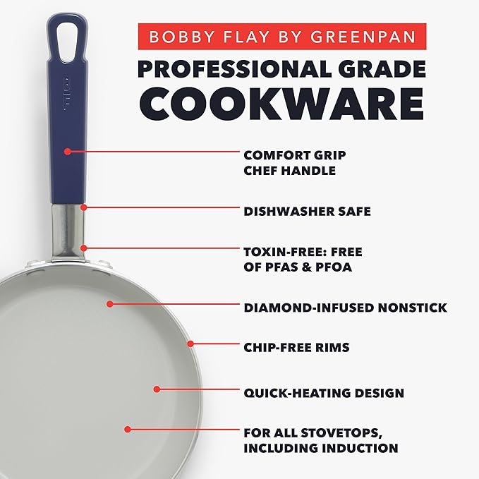 GreenPan x Bobby Flay 13 Piece Nonstick Cookware Pots and Pans Set, PFAS-Free Diamond Ceramic, Induction Suitable, Easy Clean Dishwasher & Oven Safe, Stay-Cool Silicone Handles, Glass Lids, Navy Blue - Image 6