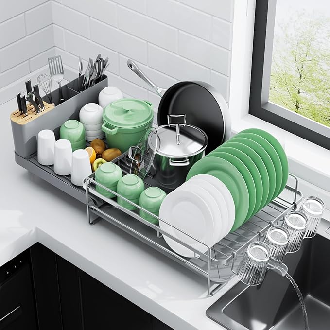 Kitsure Extendable Dish Drying Rack, Large Drying Dish Rack with Cutlery & Cup Holders, Multifunctional Dish Racks for Counter with Drainage, 18.2"-25.7" L x 12.9" W, Sliver by Kitsure