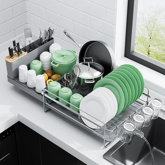Kitsure Extendable Dish Drying Rack, Large Drying Dish Rack with Cutlery & Cup Holders, Multifunctional Dish Racks for Counter with Drainage, 18.2"-25.7" L x 12.9" W, Sliver by Kitsure