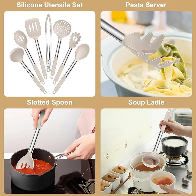 E-far Silicone Cooking Utensils Set, 7 Pcs Heat Resistant Kitchen Utensils with Stainless Steel Handle, Slotted Turner, Spoon, Soup Ladle, Pasta Server, Skimmer, Tongs for Nonstick Cookware, Khaki - Image 3