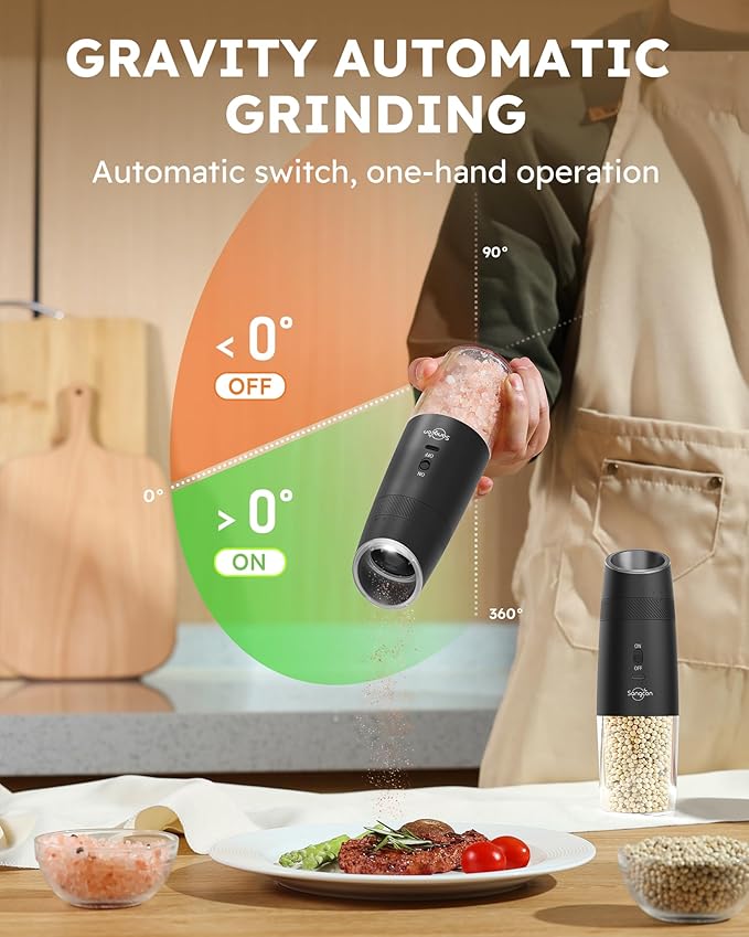 Sangcon Gravity Electric Salt and Pepper Grinder Set RECHARGEABLE Automatic Salt Pepper Shakers USB-C No Battery Needed - LED Light One Hand Operation, External Adjustable Coarseness Pepper Mill - Image 3