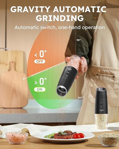 Sangcon Gravity Electric Salt and Pepper Grinder Set RECHARGEABLE Automatic Salt Pepper Shakers USB-C No Battery Needed - LED Light One Hand Operation, External Adjustable Coarseness Pepper Mill - Image 3