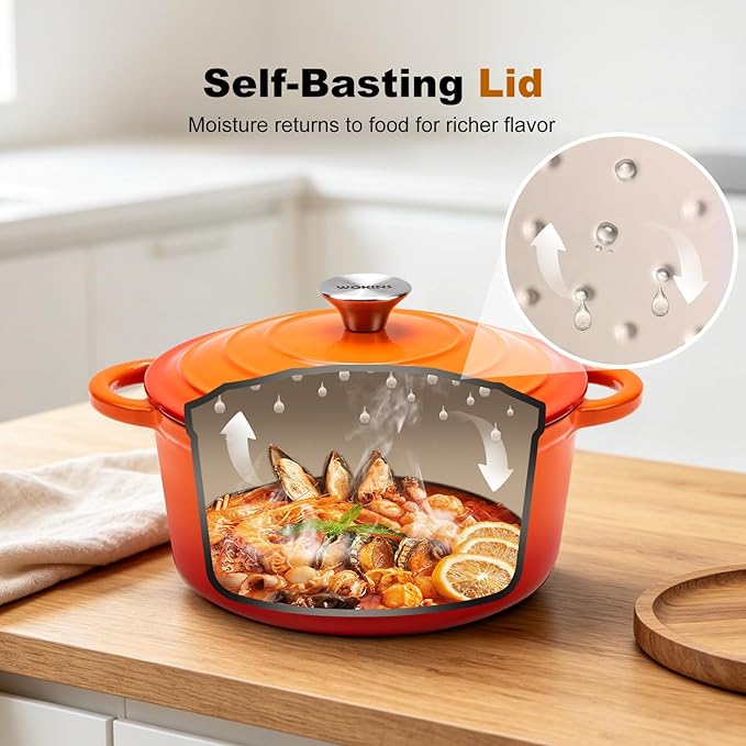 Enameled Cast Iron Dutch Oven - 5.5QT Pot with Lid,Oven Safe to 500°F,Heavy-Duty Cookware for Sourdough Bread Baking,Braising,Stews,Roasting Orange - Image 4