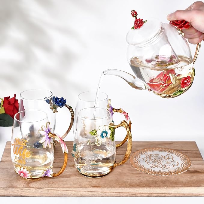 Enamel Glass Flower Tea Pot With Removable Loose Tea Leaf Infuser Tea Maker Teapot Set 30.4OZ Gifts for Women,Mom,Birthday - Image 7