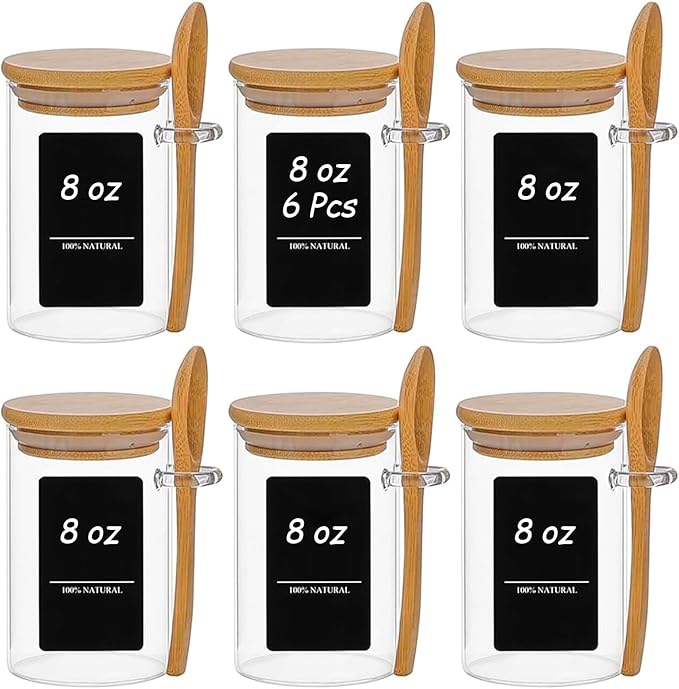 ComSaf Spice Jars with Spoon 8 oz 6Pack, Small Spice Containers Starter Set, Glass Seasoning Jars with Labels, Round Seasoning Containers for Salt, Pepper, Chili Powder, Sugar, Loose Tea Storage by ComSaf