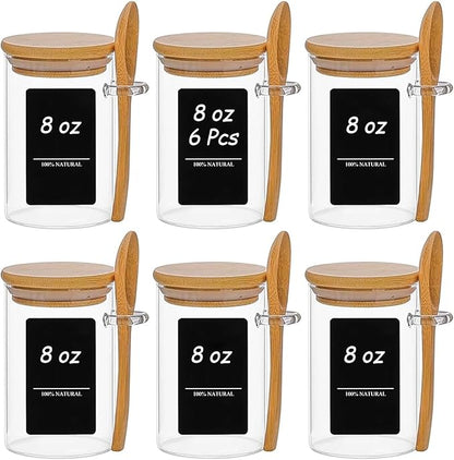 ComSaf Spice Jars with Spoon 8 oz 6Pack, Small Spice Containers Starter Set, Glass Seasoning Jars with Labels, Round Seasoning Containers for Salt, Pepper, Chili Powder, Sugar, Loose Tea Storage by ComSaf