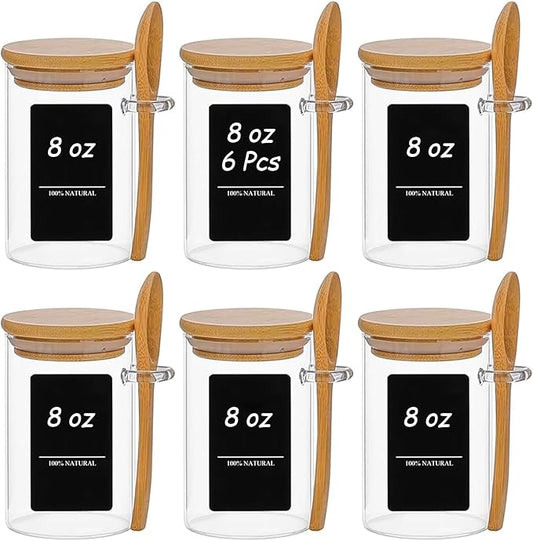 ComSaf Spice Jars with Spoon 8 oz 6Pack, Small Spice Containers Starter Set, Glass Seasoning Jars with Labels, Round Seasoning Containers for Salt, Pepper, Chili Powder, Sugar, Loose Tea Storage by ComSaf