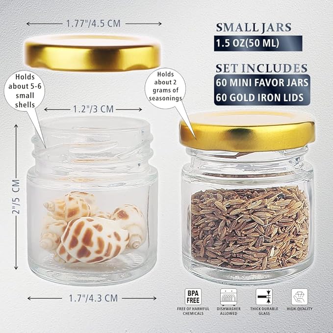 Folinstall 60 Pack Small Glass Jars with Lids, 1.5 oz Mini Honey Jars, Candle Jar for Candle Making for Gifts, Crafts, Spices, Wedding, Party Favors - Image 4