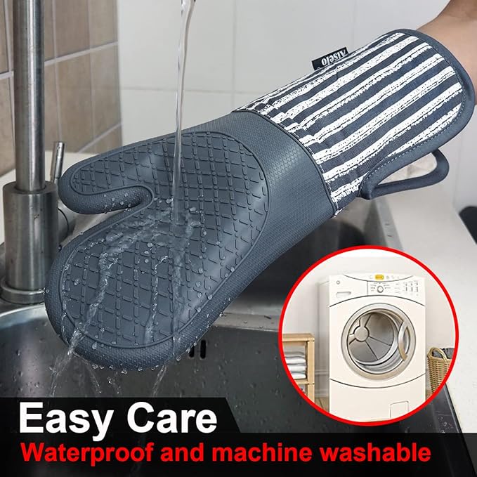 Alselo Silicone Oven Mitts Heat Resistant 932℉ with Waterproof & Non-Slip Kitchen Mittens, Set of 2 Extra Long Oven Gloves with Soft Cotton Terry Lining for Baking Cooking Barbecue - Image 6