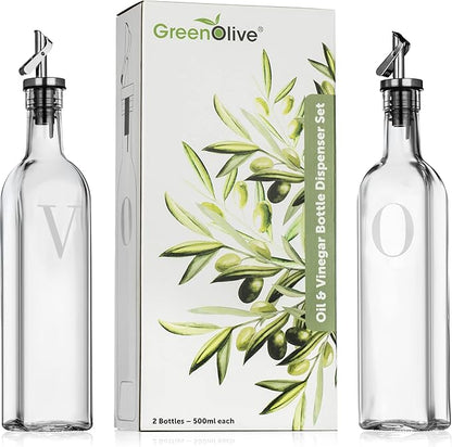 GREENOLIVE Olive Oil and Vinegar Dispenser Set - 17 oz. Glass Bottles with No-Drip BPA-Free Spouts - Stylish O and V Identifiers for Kitchen and Dining Use - Set of 2 - Image 7