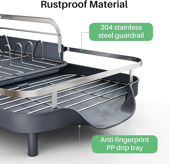 SAYZH Dish Drying Rack - Expandable Dish Rack for Kitchen Counter, Rust-Resistant Dish Drainer with Utensil Holder and Raised Guardrail, Kitchen Organizer for Cup and Bottle (Grey) - Image 3