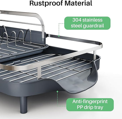 SAYZH Dish Drying Rack - Expandable Dish Rack for Kitchen Counter, Rust-Resistant Dish Drainer with Utensil Holder and Raised Guardrail, Kitchen Organizer for Cup and Bottle (Grey) - Image 3