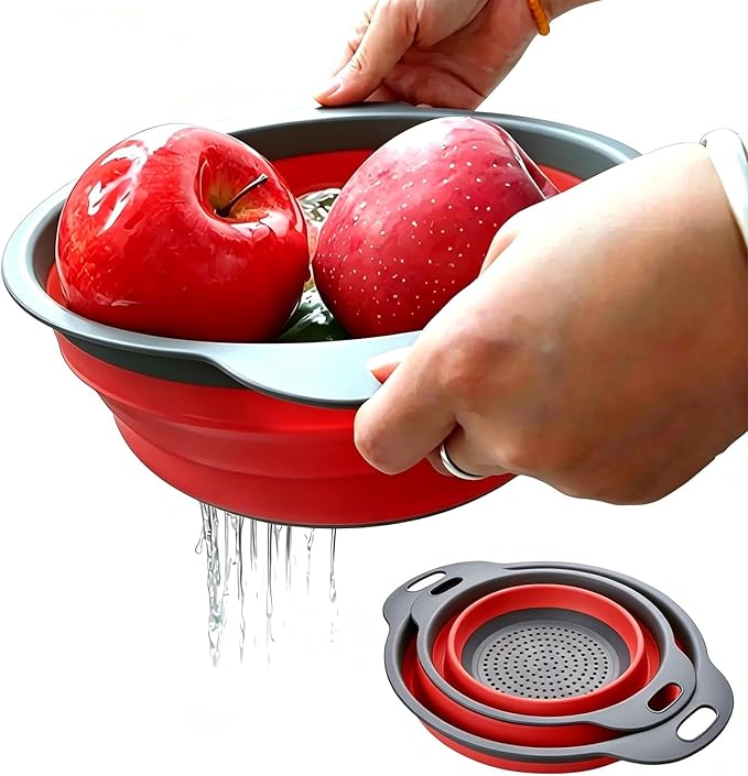 2 Pack Collapsible Silicone Colander with Handle, Over Sink Foldable Food Strainer, BPA-Free Space Saving Drain Basket for Vegetables, Fruits, Pasta, Kitchen & Camping (Red) by WHZHAOCAI