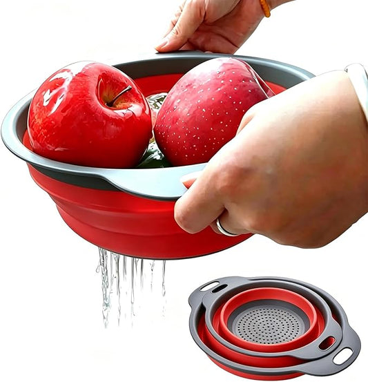 2 Pack Collapsible Silicone Colander with Handle, Over Sink Foldable Food Strainer, BPA-Free Space Saving Drain Basket for Vegetables, Fruits, Pasta, Kitchen & Camping (Red) by WHZHAOCAI
