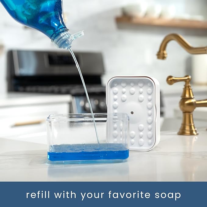S&T INC. Dish Soap Dispenser and Sponge Holder for Kitchen Sink with Enhanced Features, Sponge Included, 13 Ounces, Matte White - Image 3