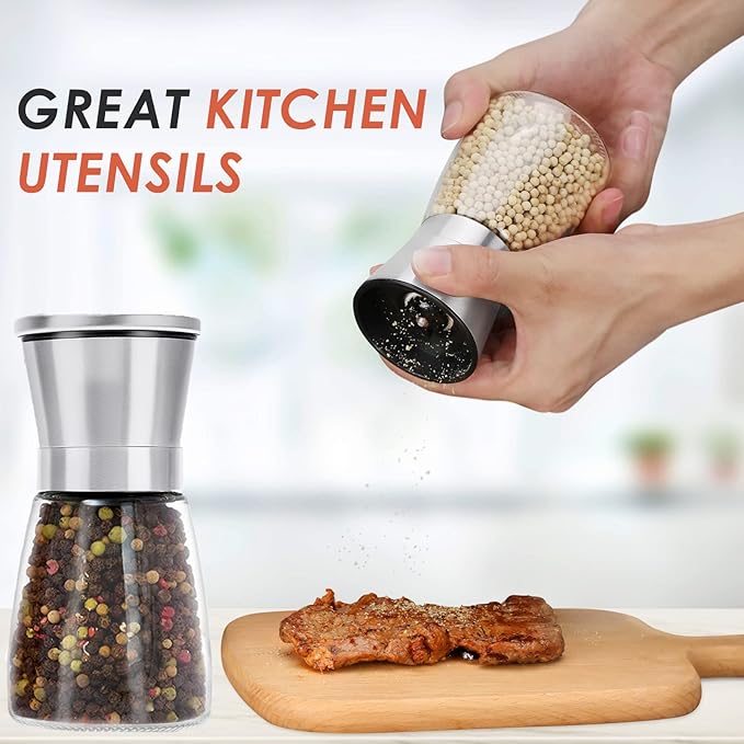 Ebaco Professional Pepper Grinder - with Germany Hardened Carbon Steel Mechanism Rotor, Refillable Pepper Mill 6OZ Glass Adjust Coarseness (1PCS-Sliver-304） - Image 7