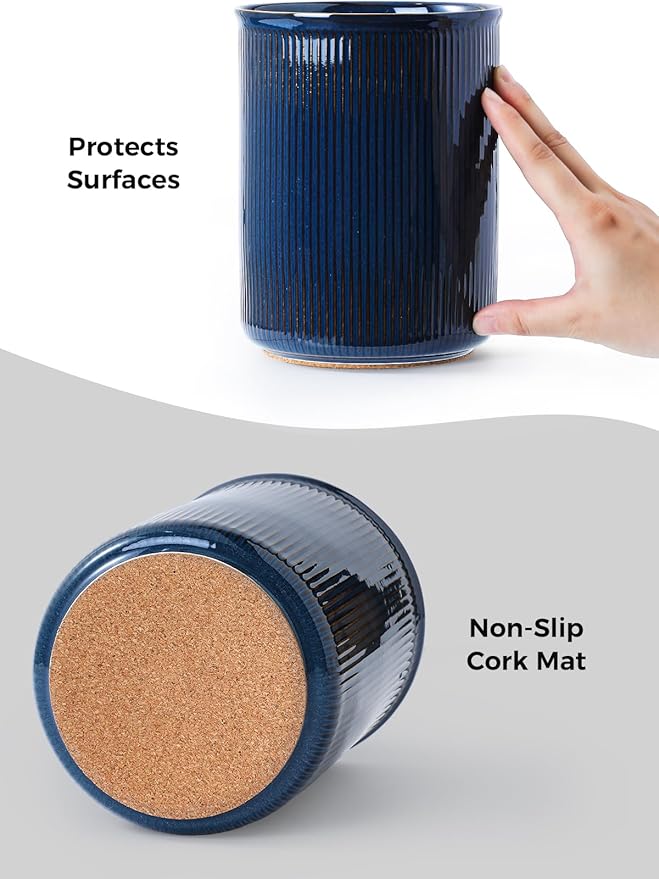 LoeJan Utensil Holder, Extra Large Utensil Crock, Stable Ceramic Utensil Organizer, Cooking Tool Organizer Set for Kitchen Counter Farmhouse Décor, Flambe Blue - Image 3