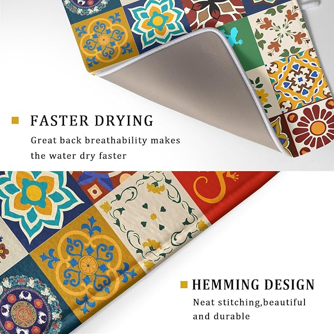 Giwawa Mexican Tile Dish Drying Mat 18"x24" Talavera Boho Floral Print Dish Drainer Mats Rustic Ethnic Traditional Reversible Large Dish Drying Pad Protector for Kitchen Countertop Decor