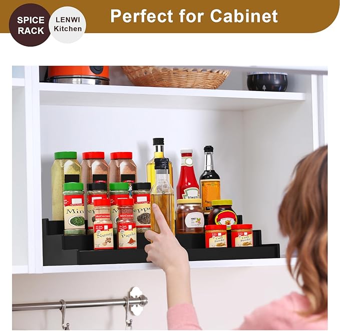 Lenwi Spice Rack Organizer for Cabinet 2 Pack, 3 Tier Expandable Bamboo Spice Storage for Kitchen Cupboard Pantry, Black - Image 6