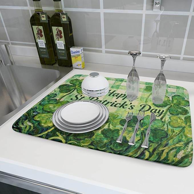 St Patrick's Day Shamrock Dish Drying Mat for Kitchen Counter 18x24 Green Lucky Clover Plaid Happy Holiday Absorbent Reversible Microfiber Drying Mats Kitchen Countertop Protector Dishes Drainer Pad - Image 6