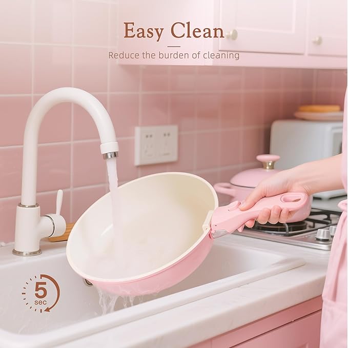 Astercook 21 Pcs Pots and Pans Set Non Stick, Ceramic Cookware Set Detachable Handle, RV Kitchen Cooking Set Removable Handles, Oven Safe, Induction Ready, Stackable, Pink, Mothers Day Gifts - Image 8