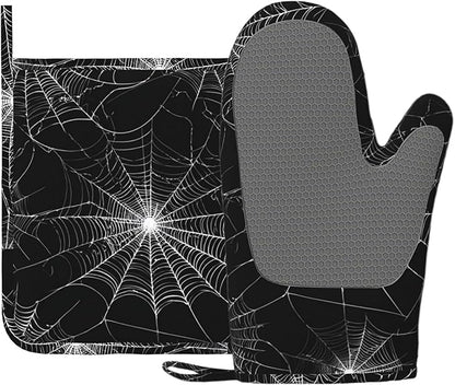 Spider Web Oven Mitts and Pot Holders Sets Silicone Kitchen Mitts Potholders Heat Resistant Oven Gloves Hot Pads for Kitchen Baking Cooking