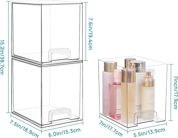 Vtopmart 7.6" H Clear Stackable Storage Drawers, 2 Pack Plastic Organizers Bins for Skincare, Cosmetics,Beauty Supplies,Ideal for Vanity, Bathroom,Kitchen Countertop,Cabinet Organization - Image 2