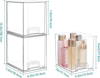 Vtopmart 7.6" H Clear Stackable Storage Drawers, 2 Pack Plastic Organizers Bins for Skincare, Cosmetics,Beauty Supplies,Ideal for Vanity, Bathroom,Kitchen Countertop,Cabinet Organization - Image 2