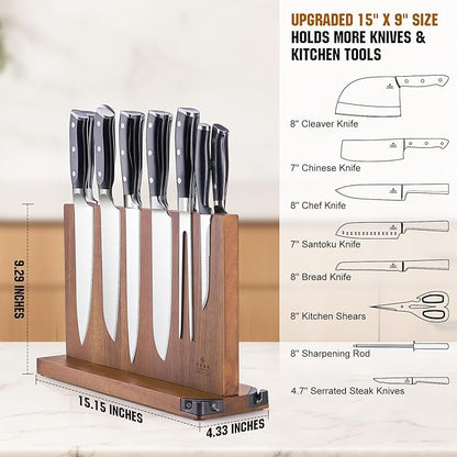 ENOKING 15.2" Extra Large Magnetic Knife Block with Dual Sharpeners, Acacia Wood Knife Holder & Display Stand with Strong Magnets