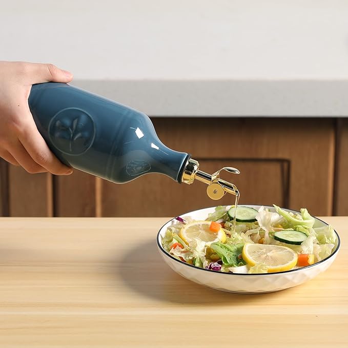 Sweejar 16 Oz Ceramic Olive Oil Dispenser Bottle, Oil Dispenser for Kitchen with Gravity Spout, Relief Opaque Oil Container for Evoo, Avocado Oil, Vinegar, Soy Sauce, 1 Pack(Fog Blue, Gold Spout) - Image 4