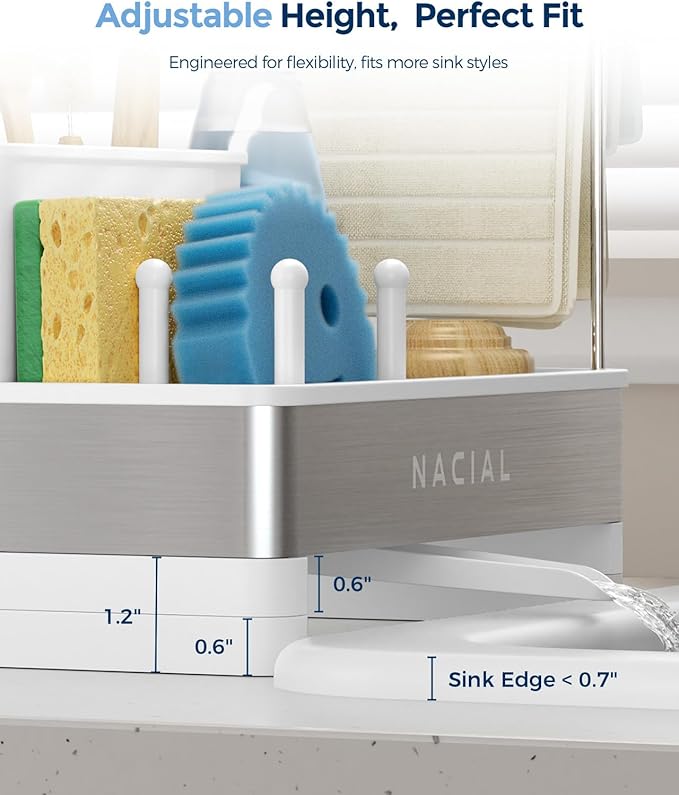 Nacial Sponge Holder for Kitchen Sink, Sink Caddy Organizer with High Brush Holder & Two Towel Racks - Rustproof 304 Stainless Steel Kitchen Countertop Storage Essentials - White - Image 4