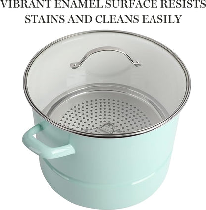 Martha Stewart Thayer 16-Quart Enamel On Steel Scratch Resistant Steamer Stock Pot w/Stainless Steel Insert - Martha Blue