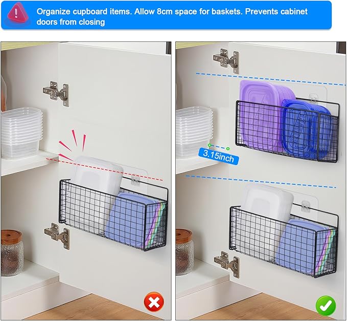 2 Pack Large Adhesive Cabinet Organizer - Lid Organizer Inside Cabinet Wall Mounted Pantry Door Caddy for Kitchen Containers Lid Kitchen Under Sink Basket - Image 4