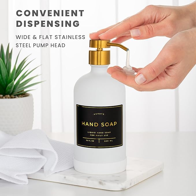 Hand and Dish Soap Dispenser for Kitchen and Bathroom, Set of 2 16 Oz Glass Bottles, Stainless Steel Pumps, Non-Slip Silicone Base, 27 Waterproof Labels (Matte White Bottle/Brushed Gold Pump) - Image 4
