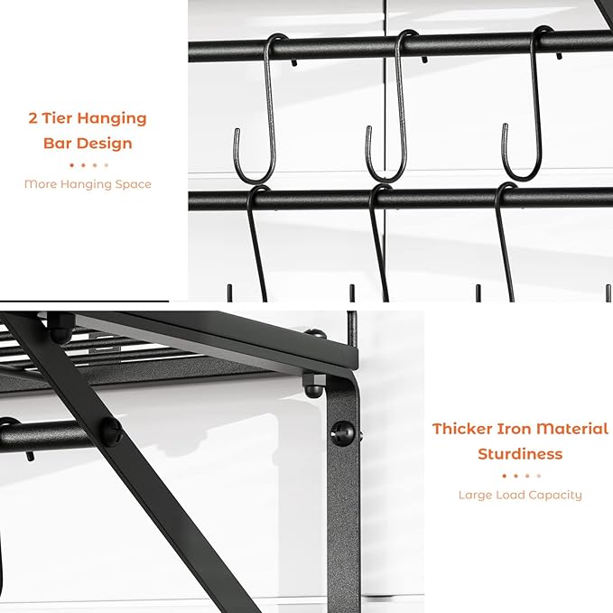OROPY 31 Inch Wall Mounted Pot Rack Storage Shelf with 2 Tier Hanging Rails 14 S Hooks included, Ideal for Pans, Utensils, Cookware - Black - Image 4